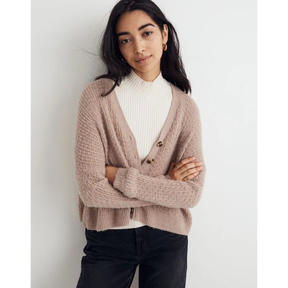 Madewell Mayfair Sweater Cardigan‎ XS Alpaca Blend Waffle Stitch Mauve Taupe